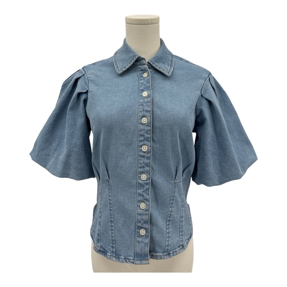 Bagatelle Collection Womens Denim Puff Sleeve‎ Button Shirt Cropped Small Corset